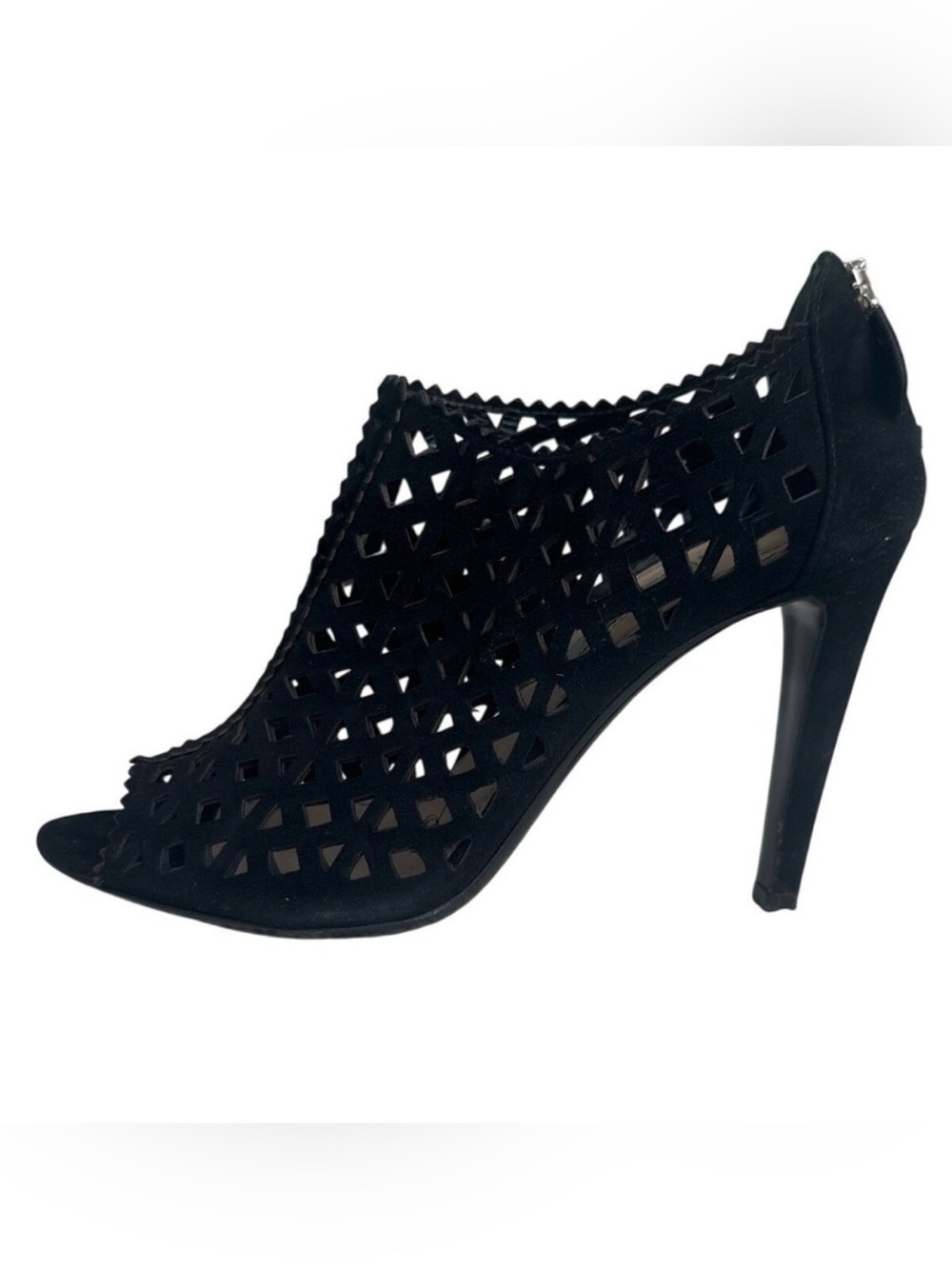Prada Black Suede Laser Cut Peep Toe Ankle Booties Italy EU 38 US 7.5-8